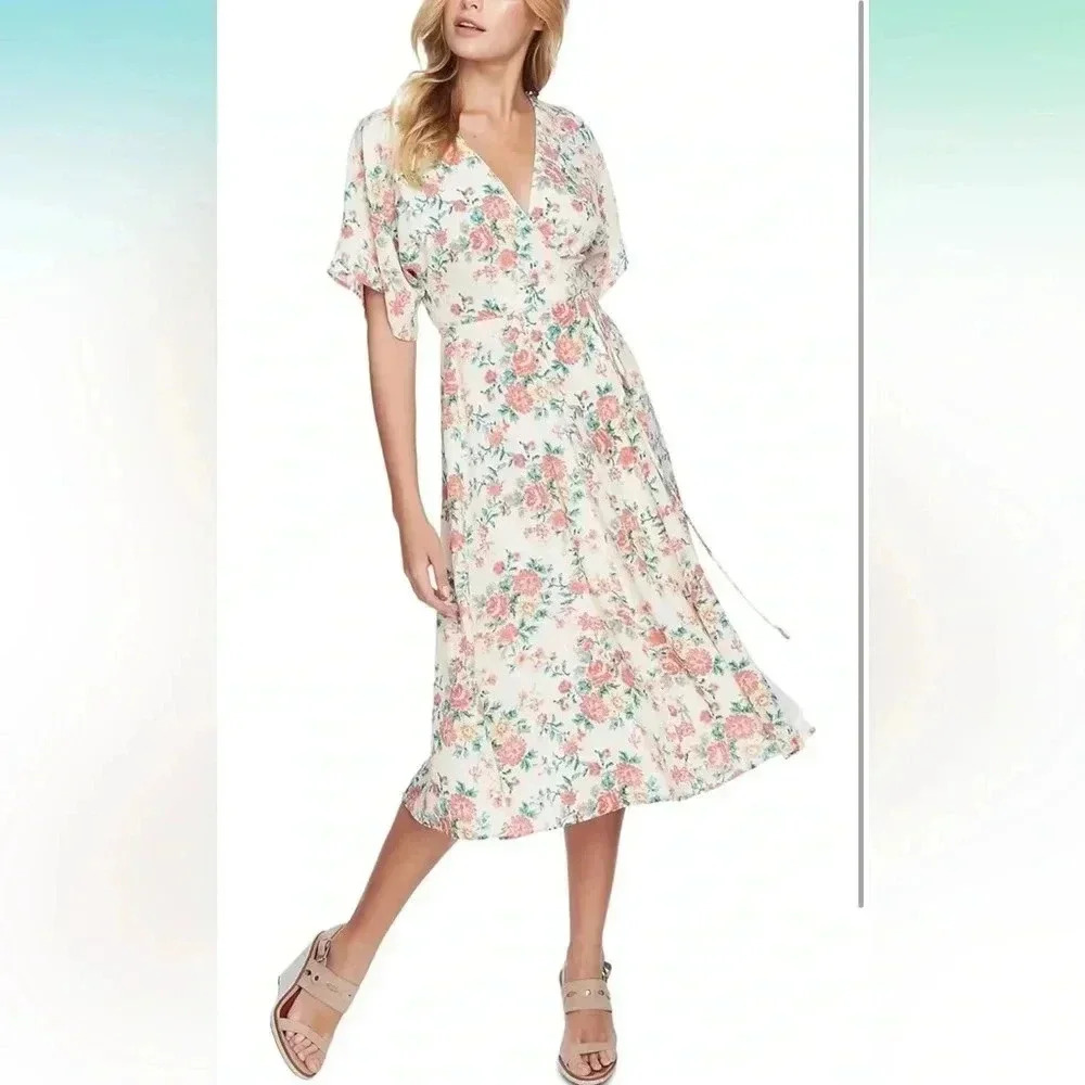 1. State Womens Dress Wrap Floral Print Short-Sleeve White Size 8 - Picture 1 of 7
